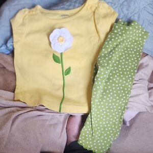 Sz 12-18 Months Gymboree Yellow Flower Applique Tee w/ Green Polka Dot Leggings